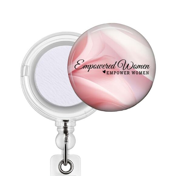 Handmade Accessories - Empowered Women Badge Reel & Topper Inspirational Women's Gift Pink Marble
